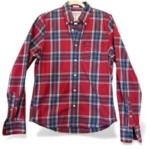 Abercrombie & Fitch Red Navy Plaid Button-Down Shirt Men’s L Muscle Fit